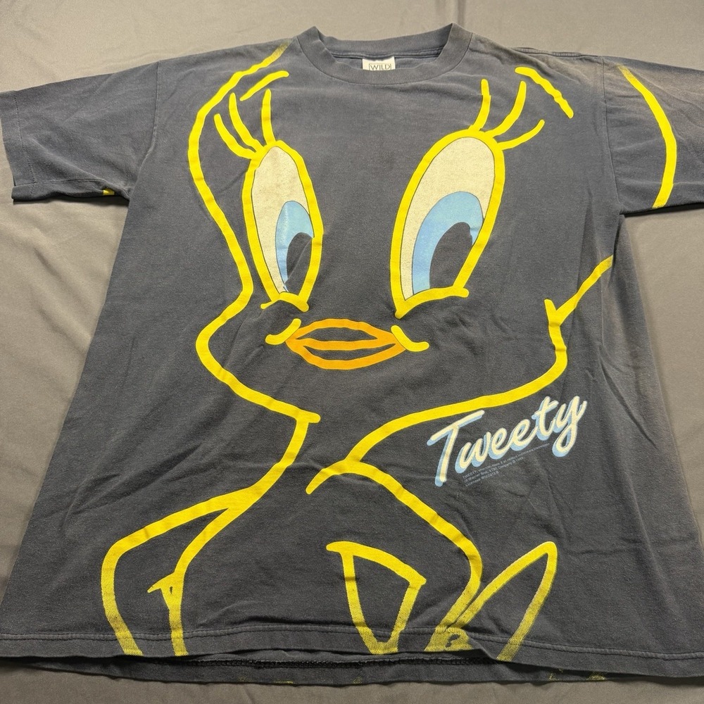Vintage 1992 L Tweety Bird T-Shirt Looney Tunes Warner Bros Big Face Graphic USA